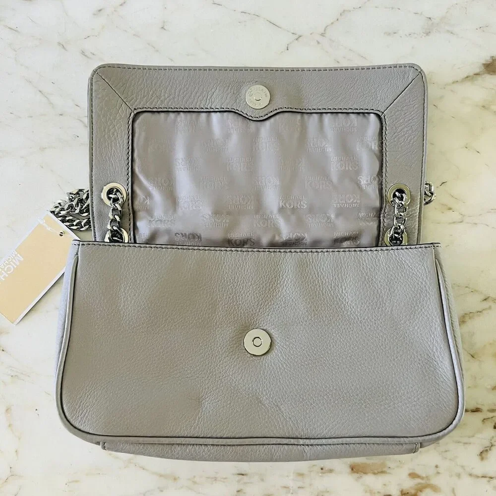 MICHAEL KORS Jet Set Chain Pearl Grey Leather Small Shoulder Flap Shoulder Bag